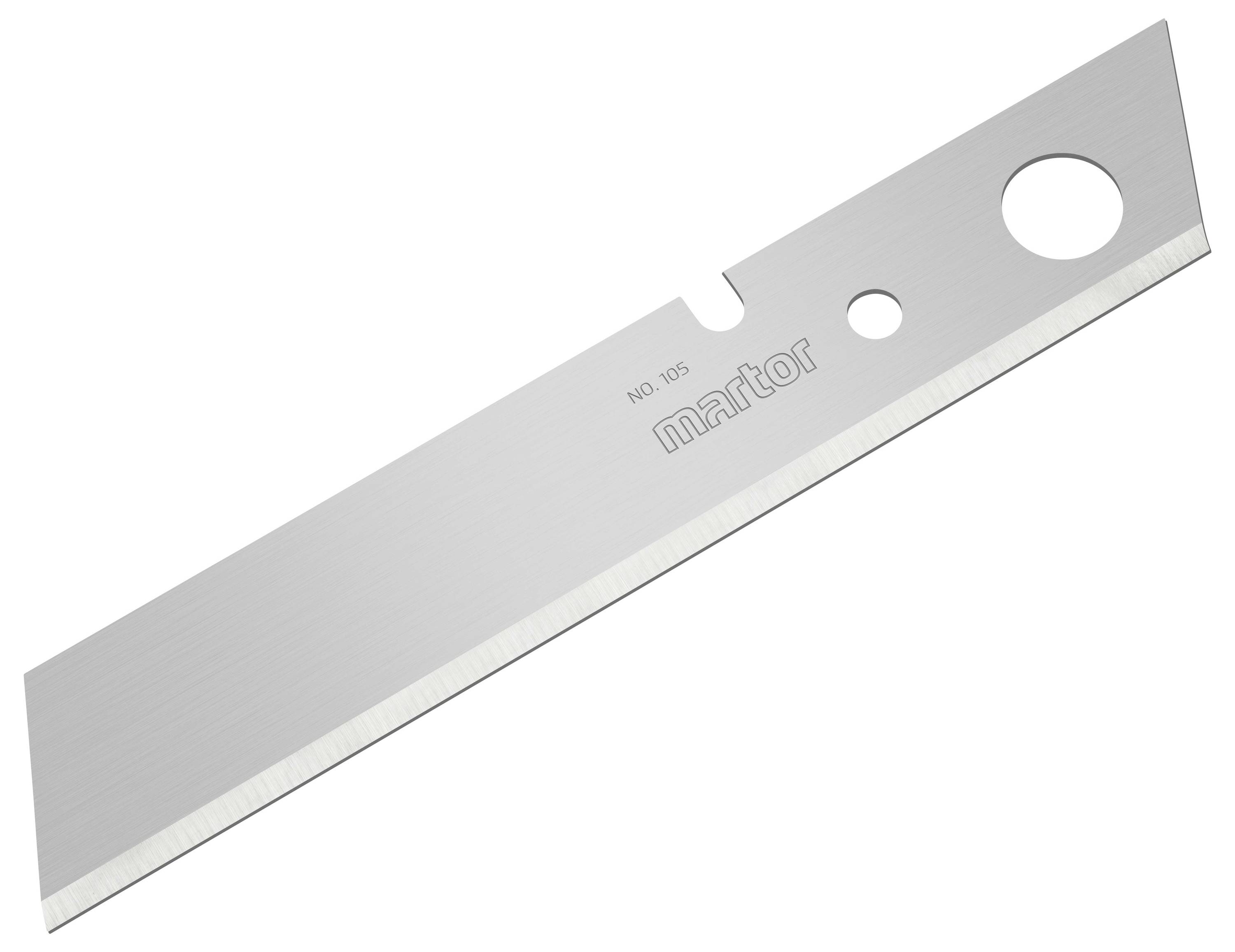 Ein silbernes Martor Klingenmesser mit zwei runden Löchern und einem rechteckigen Ausschnitt. Klingenmodellnummer 105.