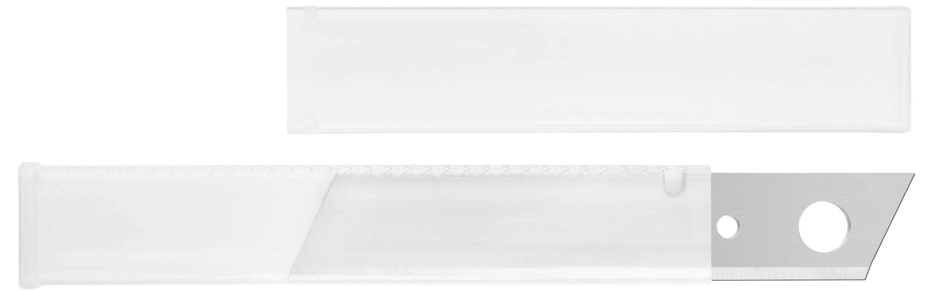 Ein Universalmesser mit herausgefahrener Klinge und transparenter Kunststoffhülle daneben. Ideal zum Schneiden diverser Materialien.