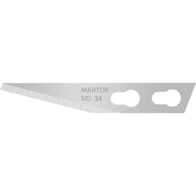 Klingenwechselklinge von Martor, Modell Nr. 34, aus silbernem Metall mit zwei Befestigungslöchern und scharfer Spitze.