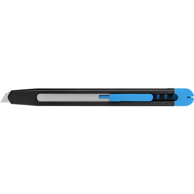 Ein schwarzer Cuttermesser mit blauer Schiebevorrichtung und ausgefahrener Klinge.