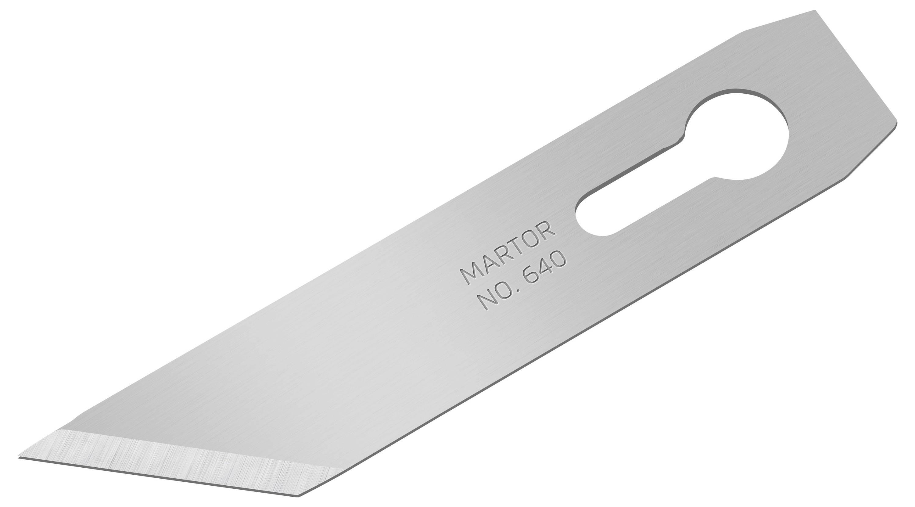 Ersatzklinge aus Metall mit abgeschrägter Spitze und Aufhängeloch, mit der Aufschrift 'MARTOR NO. 640'.