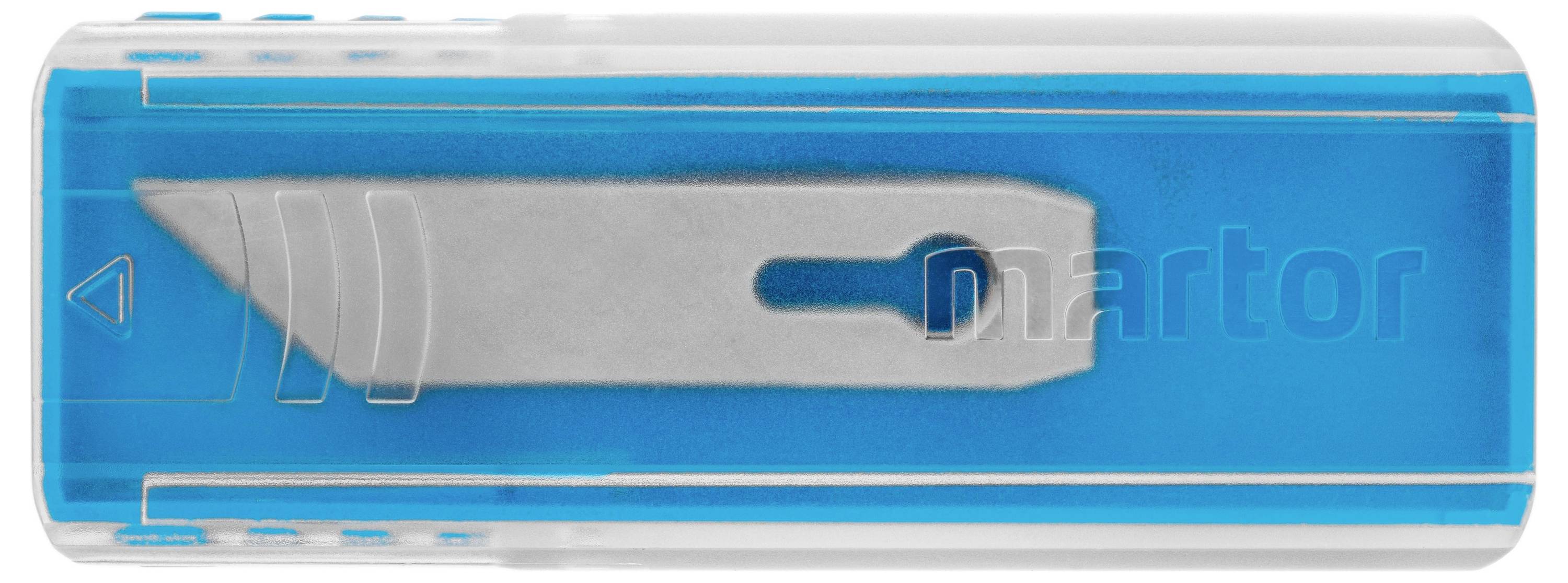 Ein rechteckiger, blau-transparenter Klingenhalter mit einer sichtbaren silbernen Klinge im Inneren.