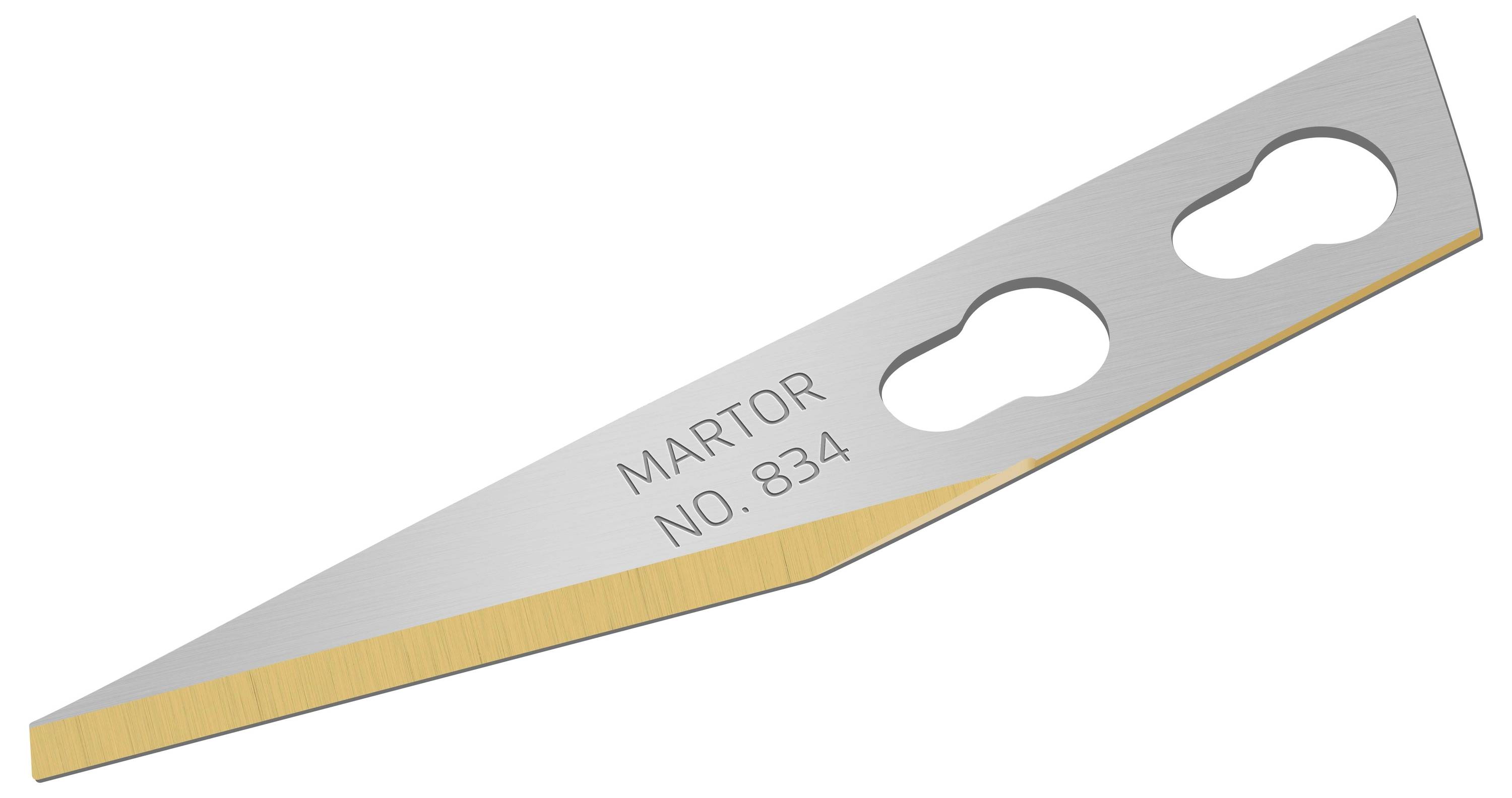 Abgebildet ist eine Martor Klinge, Modell Nr. 834, mit einer scharfen Spitze und zwei Befestigungslöchern.