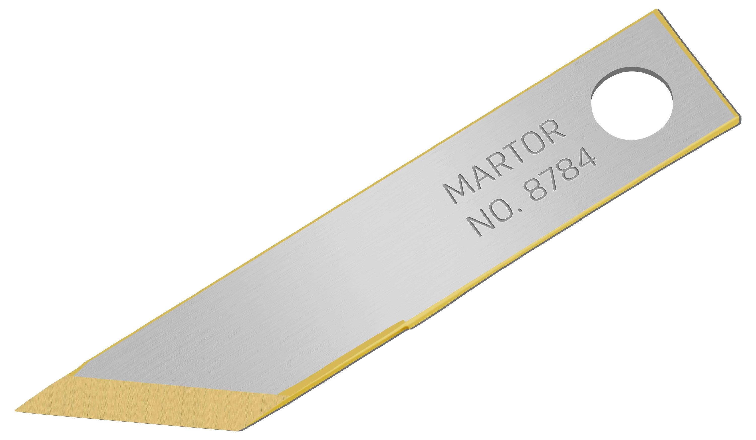 Ein silbernes Klingenmesser mit goldener Schneide und der Aufschrift 'MARTOR NO. 8784' daneben.