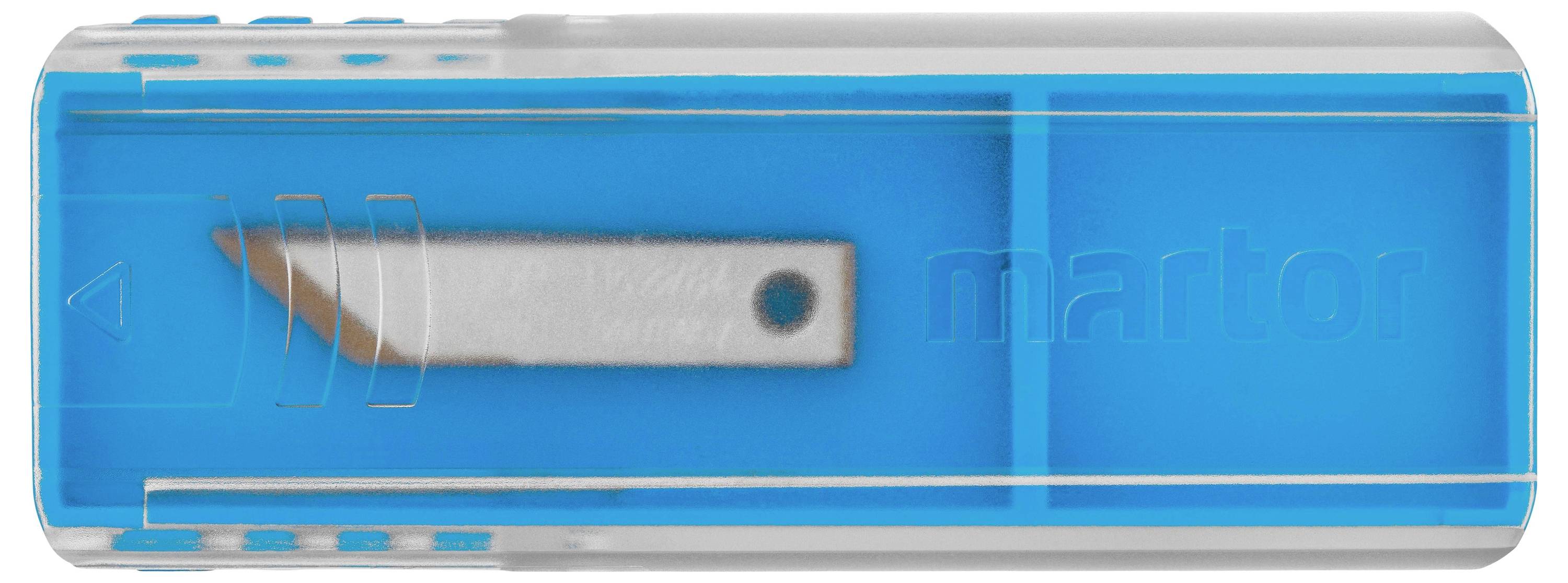 Ein Quader in Blau mit einem eingebauten kleinen Metallmesser, das teilweise sichtbar ist.