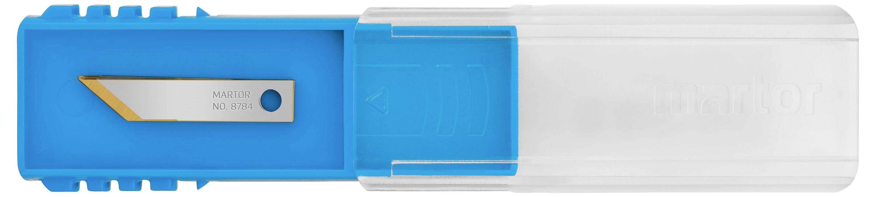 Ein blaues Cutter-Klingen-Etui mit transparenter Abdeckung, zeigt eine einzelne Metallklinge im Inneren.