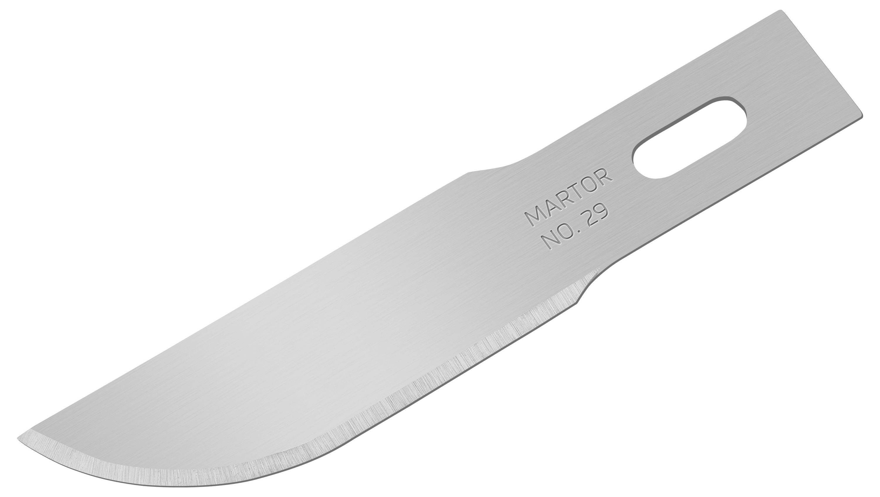 Klingenmesser mit abgerundeter Spitze und rechteckigem Ende, auf dem 'Martor Nr. 29' eingraviert ist. Werkzeug für präzises Schneiden.