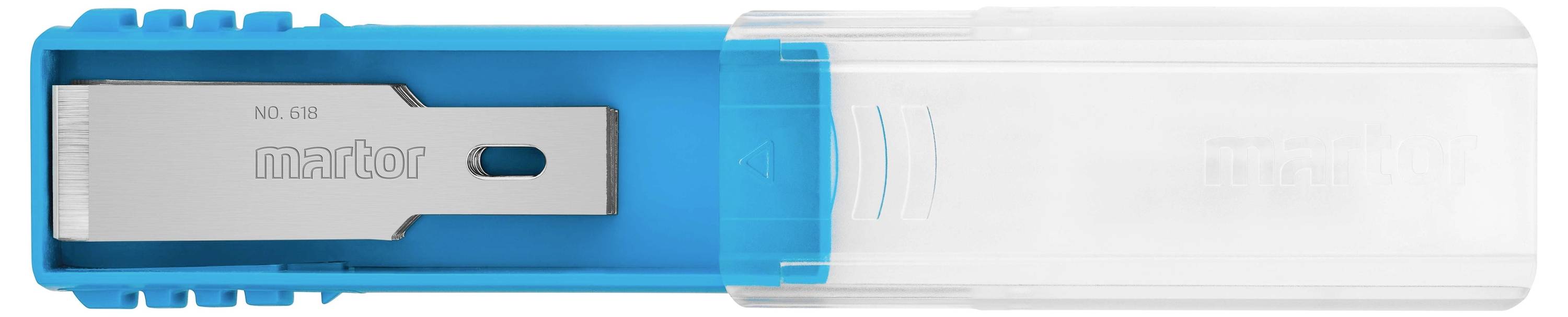 Blauer Cutter mit Metallklinge in transparentem, verschiebbarem Schutzgehäuse.