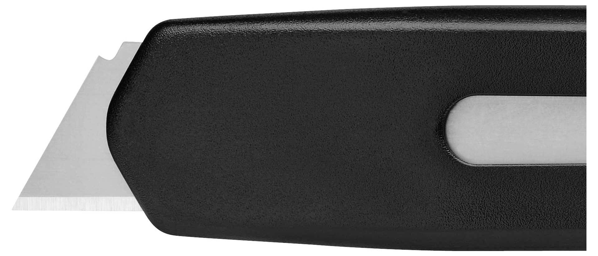 Schwarzes Cuttermesser mit eingesetzter Klinge, weißer Hintergrund.