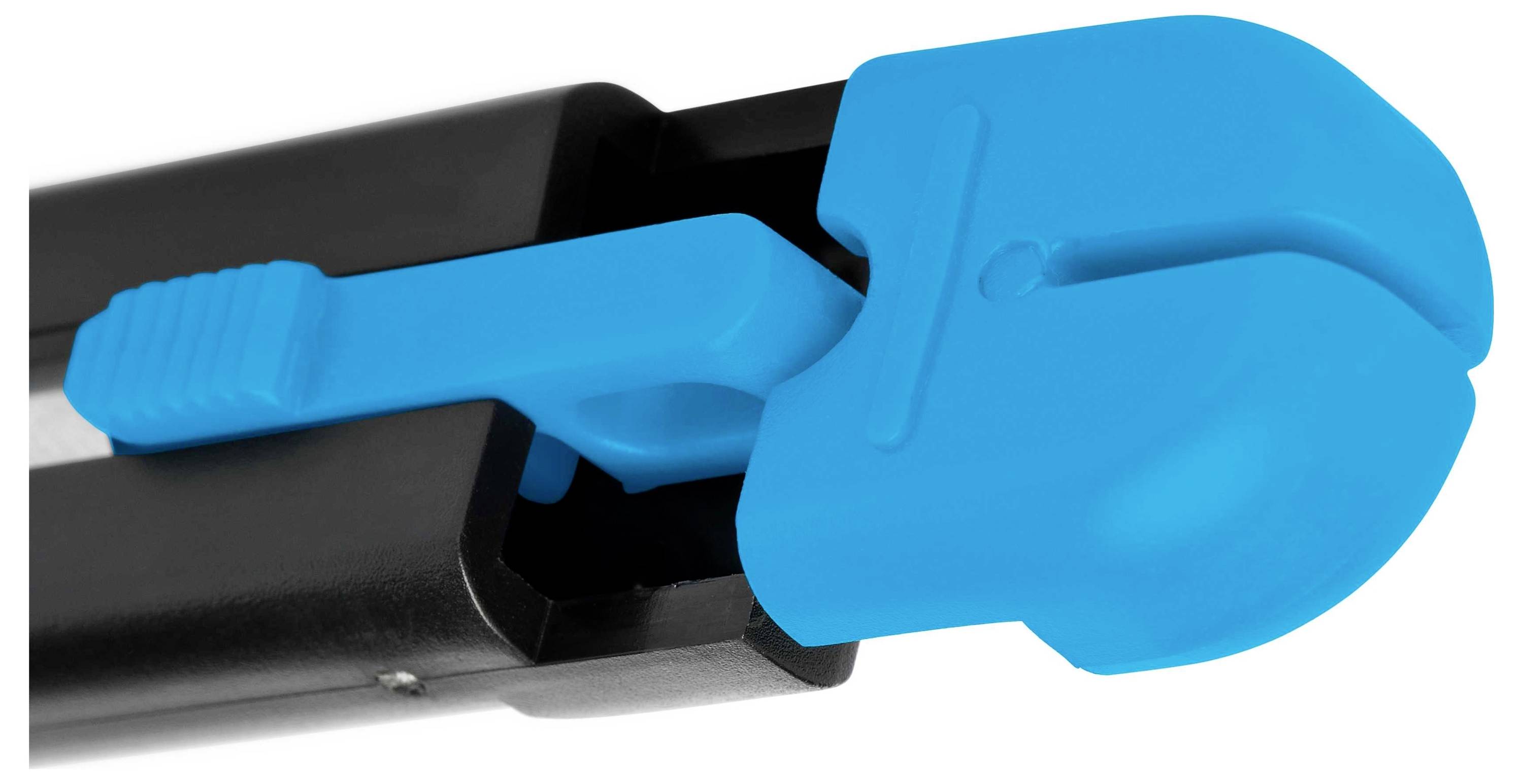 Ein geöffneter Katzentoilettenbeutelhalter mit blauem Clip, der einen Beutelverschluss hält. Das Design erleichtert die Handhabung.