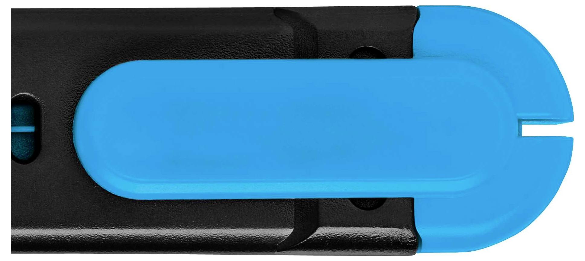 Nahaufnahme eines blauen Sicherheitsgurtschneiders mit schwarzem Griff, entworfen für den Notfalleinsatz im Fahrzeug.