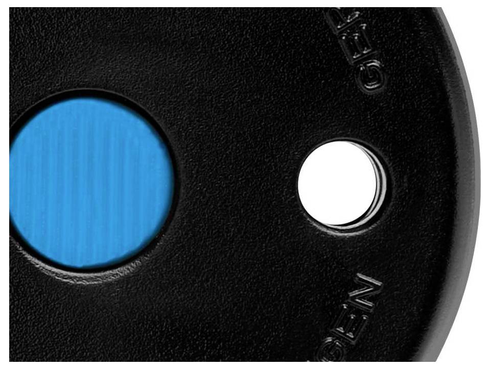 Schwarze Gewichtsscheibe mit blauer und weißer Markierung. Eingeprägter Text am Rand.