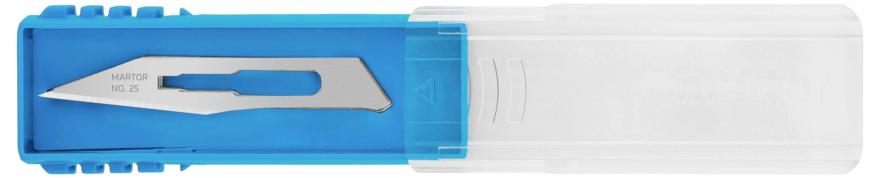 Ein einzeln verpacktes Skalpellklinge Nr. 25 liegt sicher in einer blauen Kunststoffhalterung mit transparentem Deckel.