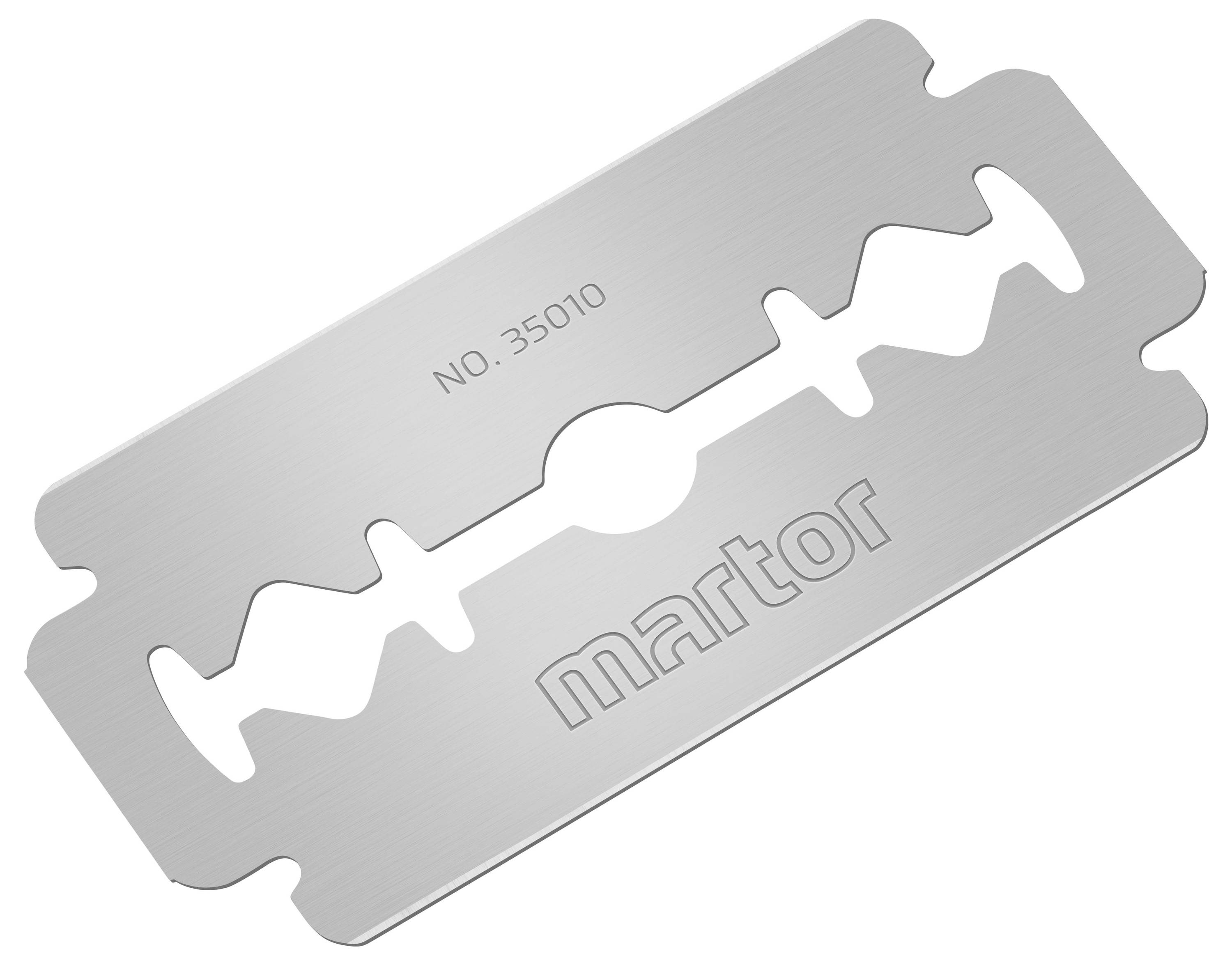Rasierklinge aus Metall mit Aufschrift 'martor' und 'NO. 35010'.