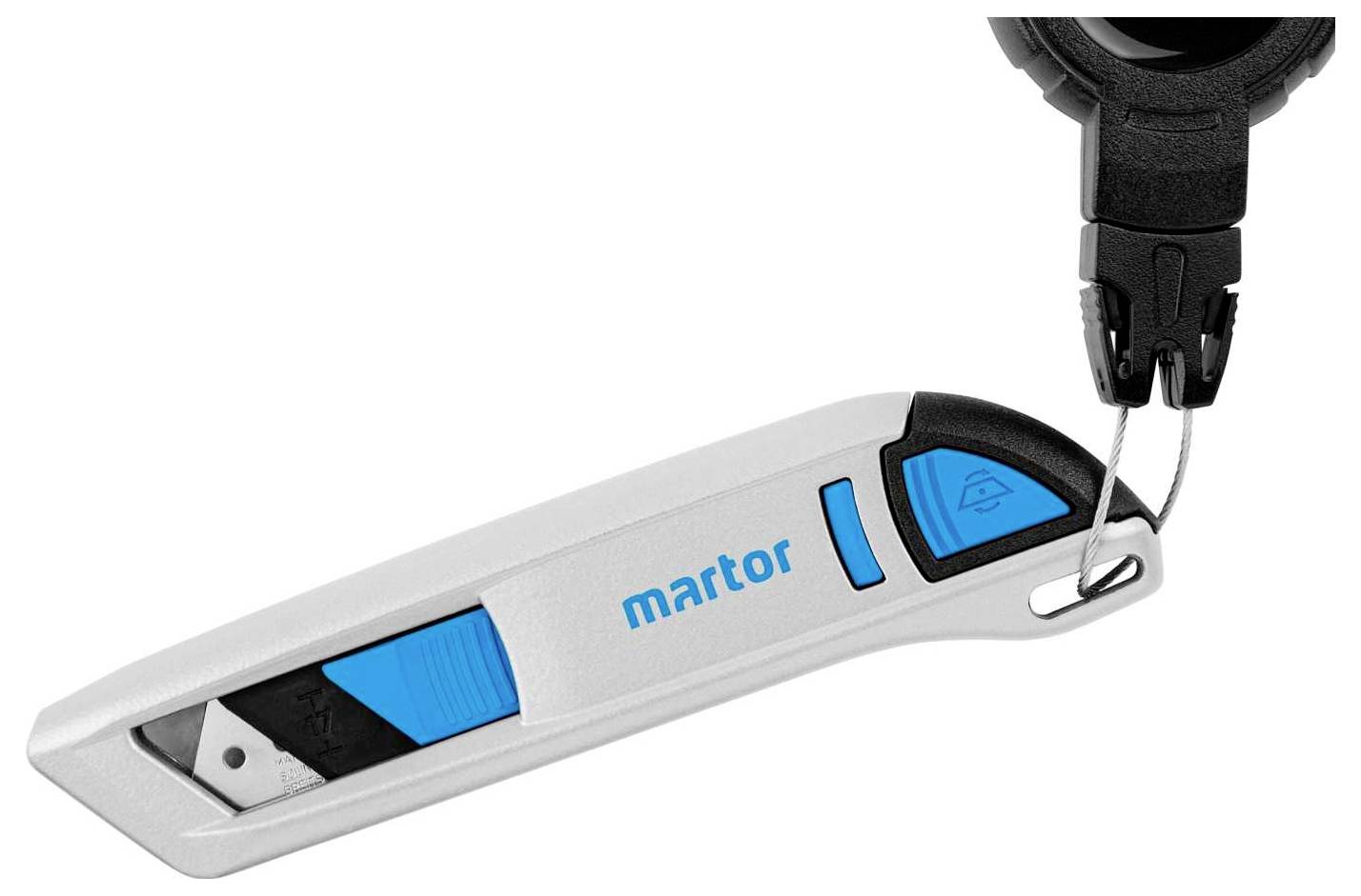 'Martor Sicherheitsmesser mit blauem Griff und zurückziehbarer Klinge, zeigt ergonomisches Design für sicheres Schneiden.'