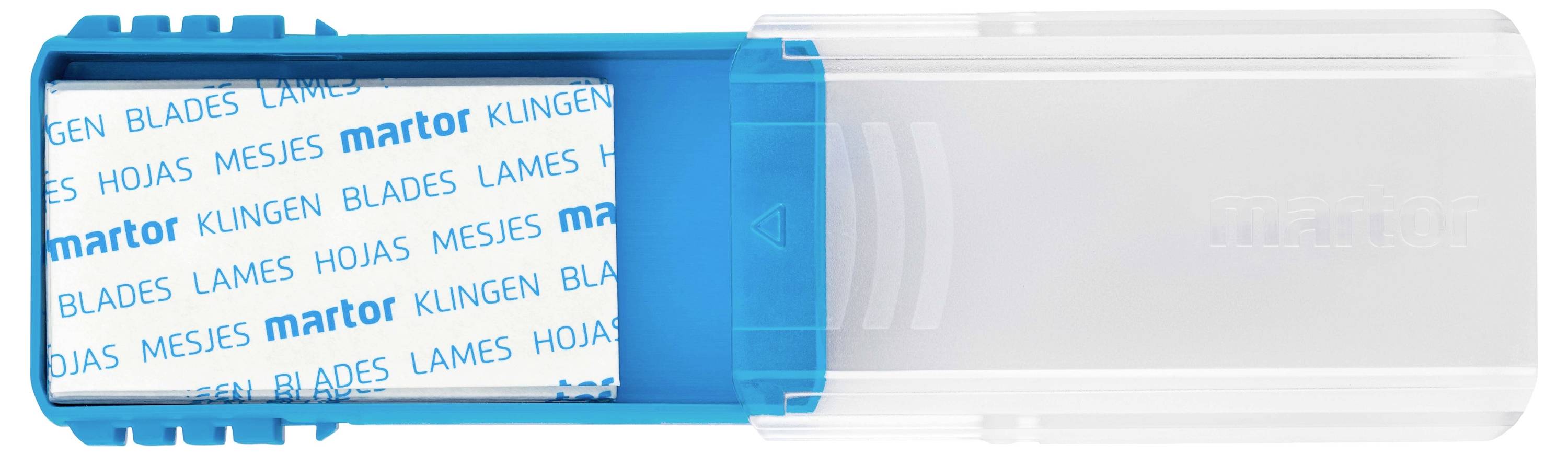 Eine blaue Kunststoffbox enthält Klingen in einer durchsichtigen Schutzhülle. Auf der Verpackung steht mehrsprachig 'Klingen'.