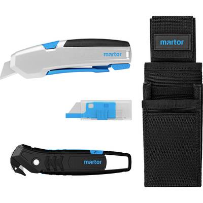 Schneidwerkzeuge und Etui von Martor: Ein Handmesser, eine Ersatzklinge und ein Sicherheitsmesser, jeweils mit blauen Akzenten.