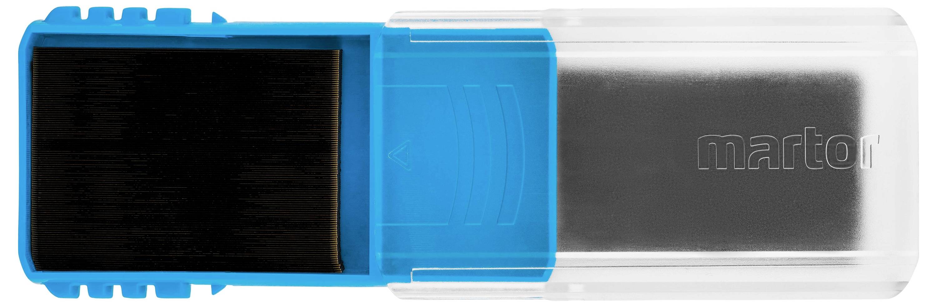 Blauer und transparenter Sicherheitsklingenschutz mit sichtbarer schwarzer Klinge.