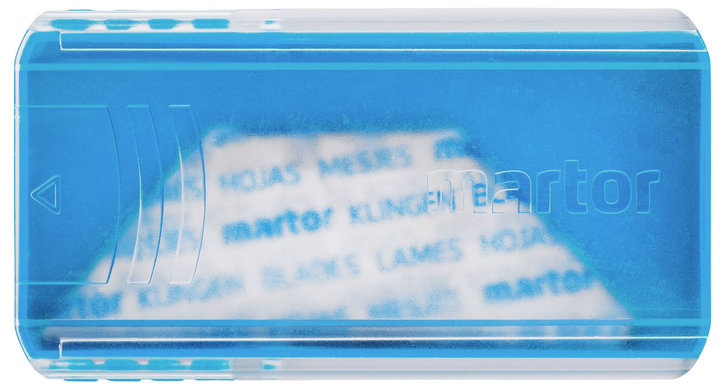 Eine durchsichtige, blaue Kunststoffbox mit eingelegten Klingen, beschriftet mit 'Klingen', 'Blades' und weiteren Übersetzungen.