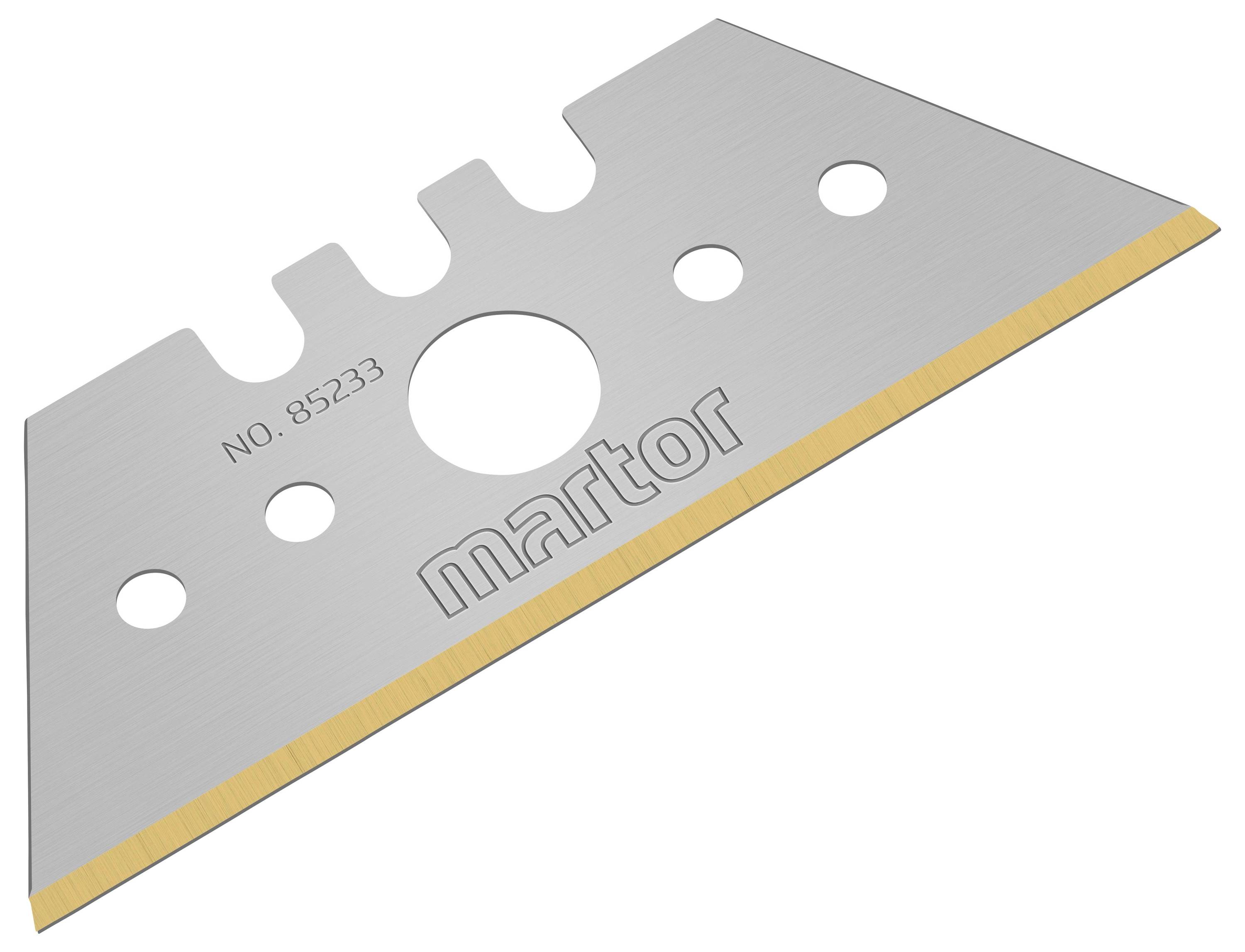 Klinge mit Aufschrift 'martor', Modellnummer 85223, silbern mit goldener Schneidkante, für industrielle Schneidwerkzeuge geeignet.