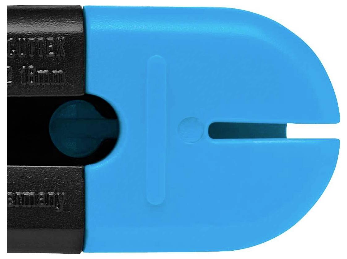 Nahaufnahme eines blau-schwarzen Kabelschneiders mit geöffneter Klinge und sichtbarer Mechanik.