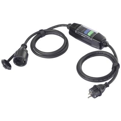 Elektrischer Verlängerungskabeladapter mit Schutzschalter. Links eine Buchse, rechts ein Stecker mit grünem und blauem Schalter.