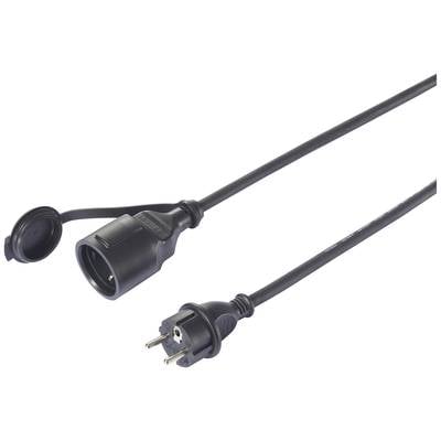 Schwarzes Verlängerungskabel mit Schuko-Stecker links und Steckdose rechts, geeignet für den Innen- und Außenbereich.