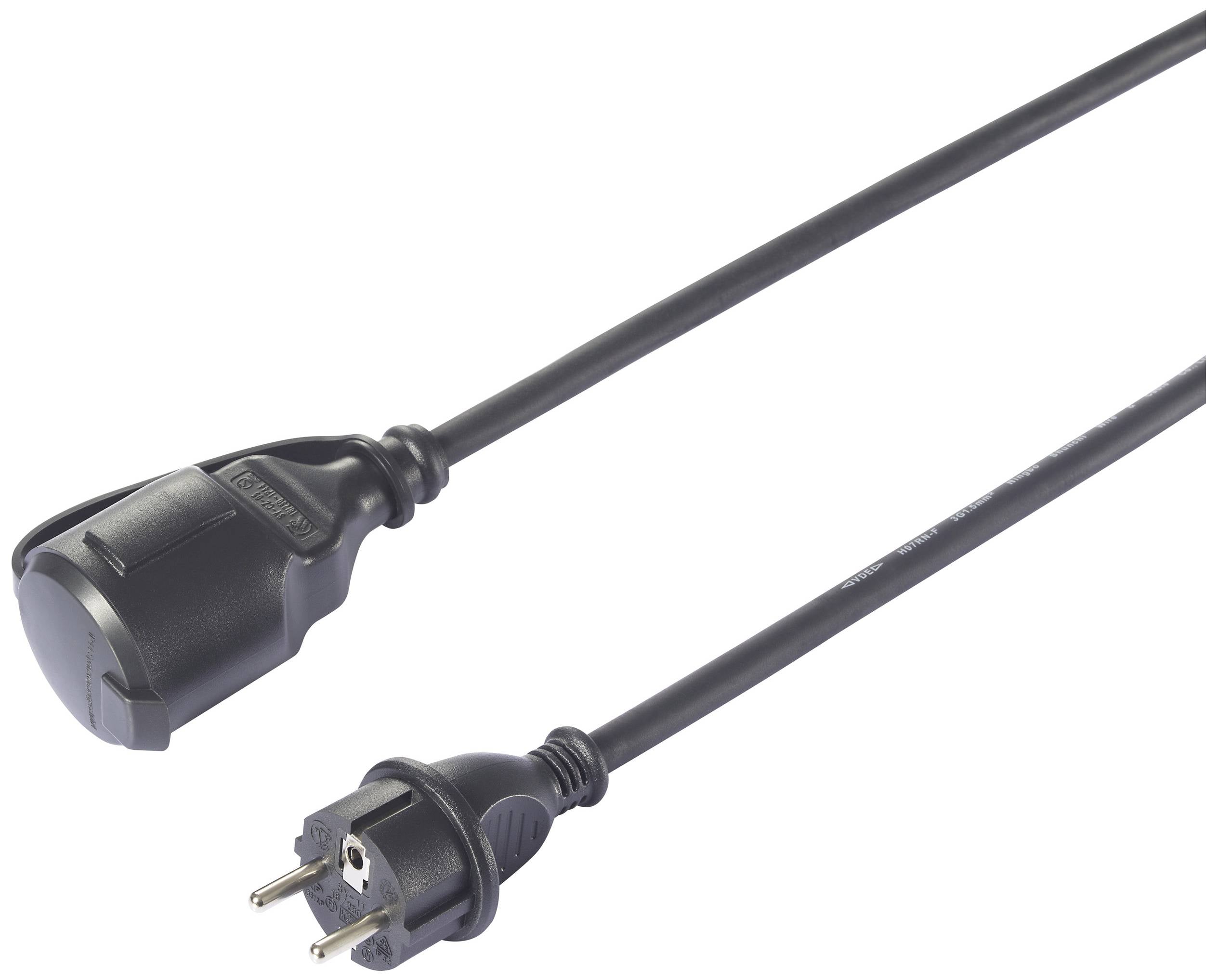 Schwarzes Netzkabel mit Schuko-Stecker und Buchse, geeignet für europäische Steckdosen. 