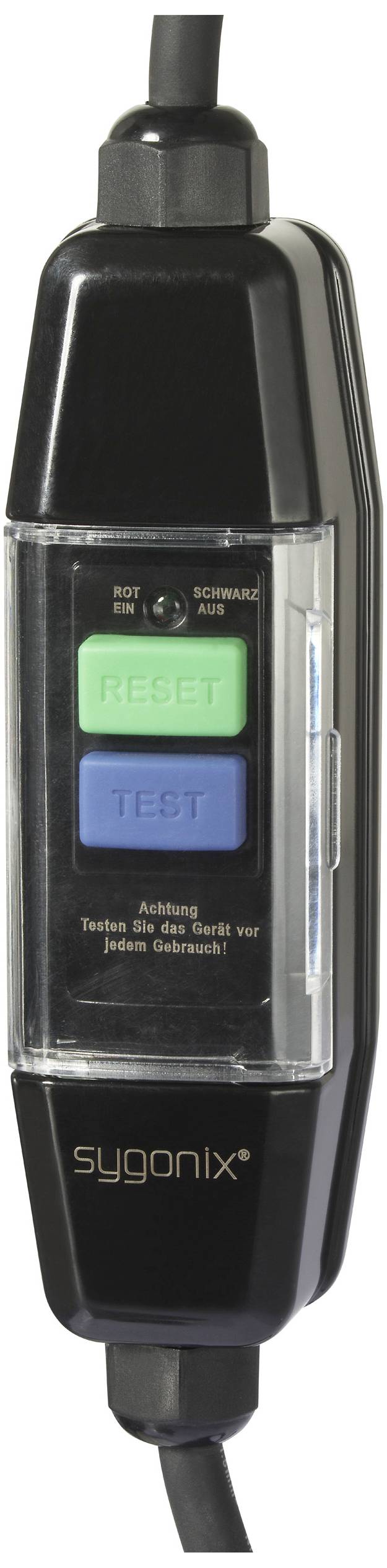Ein schwarzer elektrischer Schalter mit grünem 'Reset'-Knopf und blauem 'Test'-Knopf, unter der Marke Sygonix, mit Kabelverbindung.