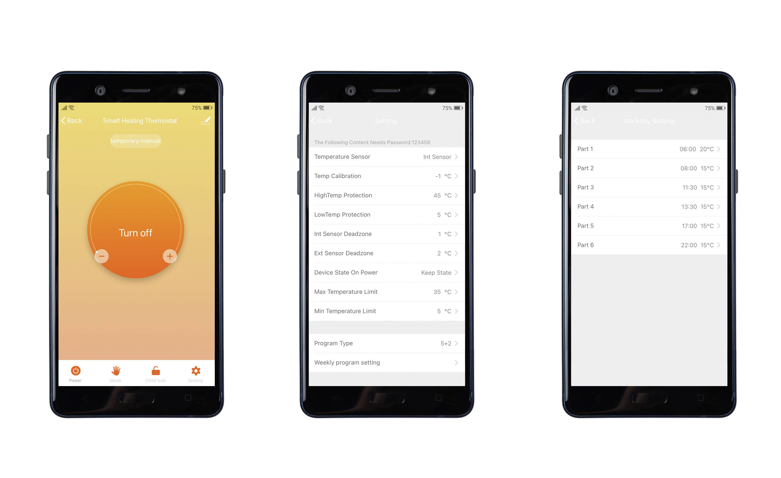 Drei Smartphone-Bildschirme: Links ein 'Ausschalten'-Button, Mitte Sensor- und Statusoptionen, Rechts Teile mit Temperaturanzeige.
