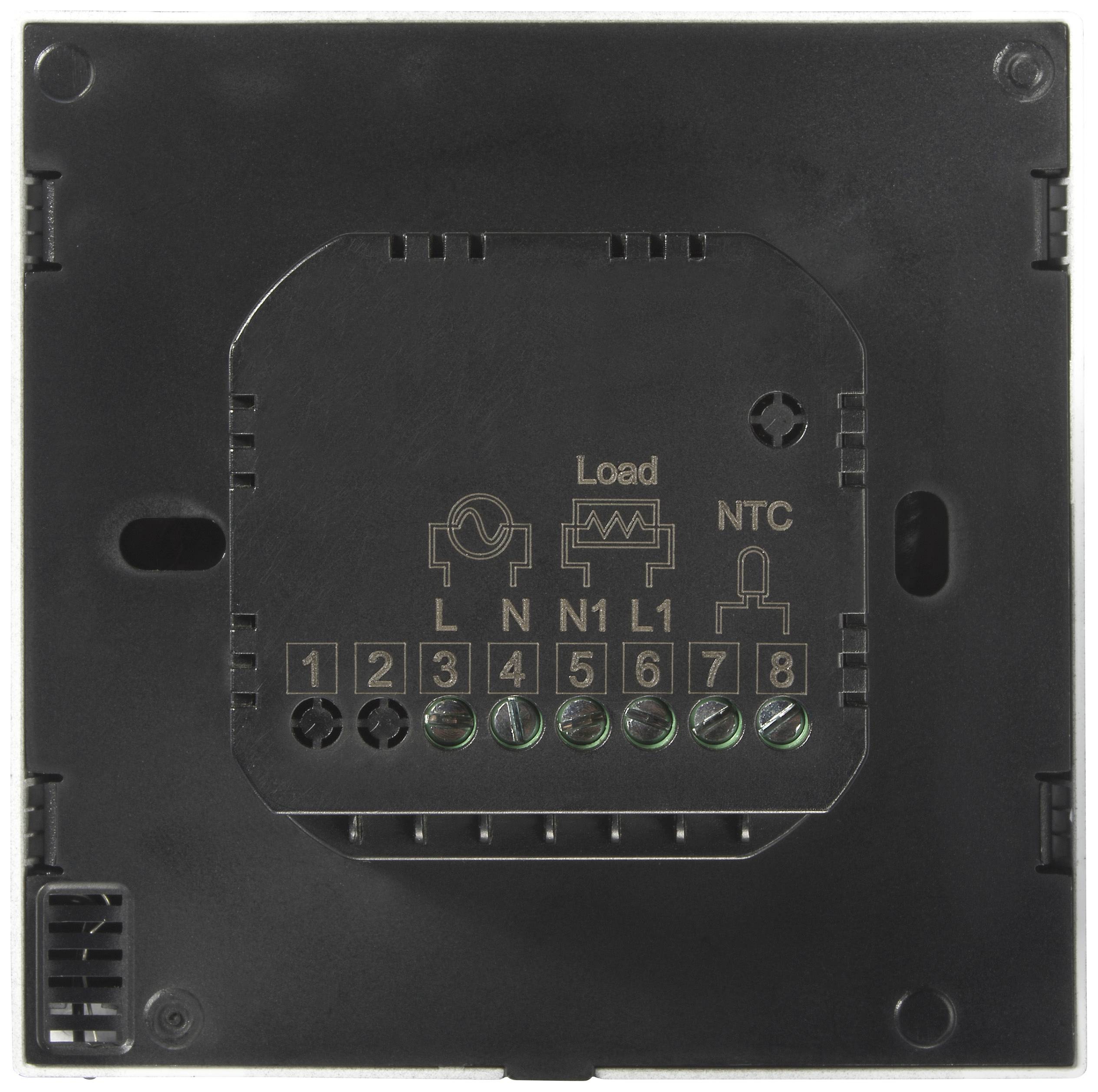 Schwarzes elektrisches Anschlussfeld mit acht nummerierten Schraubklemmen, beschriftet mit Symbolen: 'L', 'N', 'N1', 'L1', 'Load', 'NTC'.