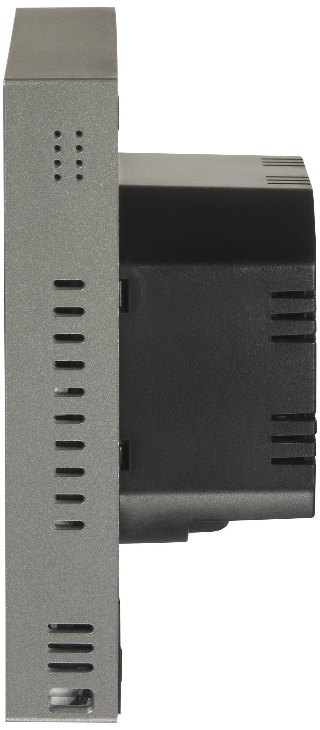 Seitenansicht eines schwarzen, rechteckigen elektronischen Geräts mit mehreren Lüftungsschlitzen, das eine kompakte Bauweise zeigt.