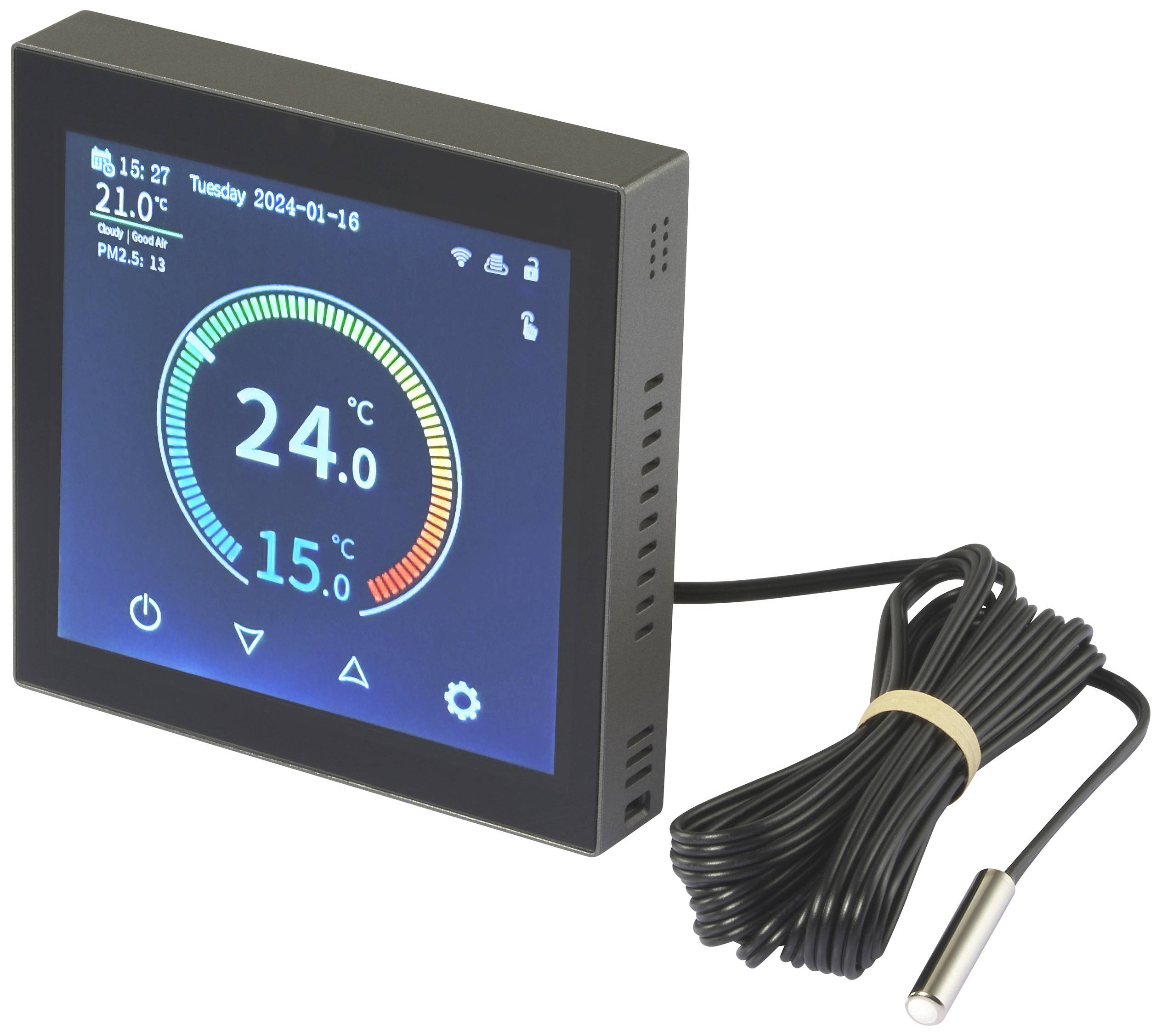 Ein quadratisches digitales Thermometer zeigt 24°C innen und 15°C außen an. Verbindungskabel ist beigelegt.