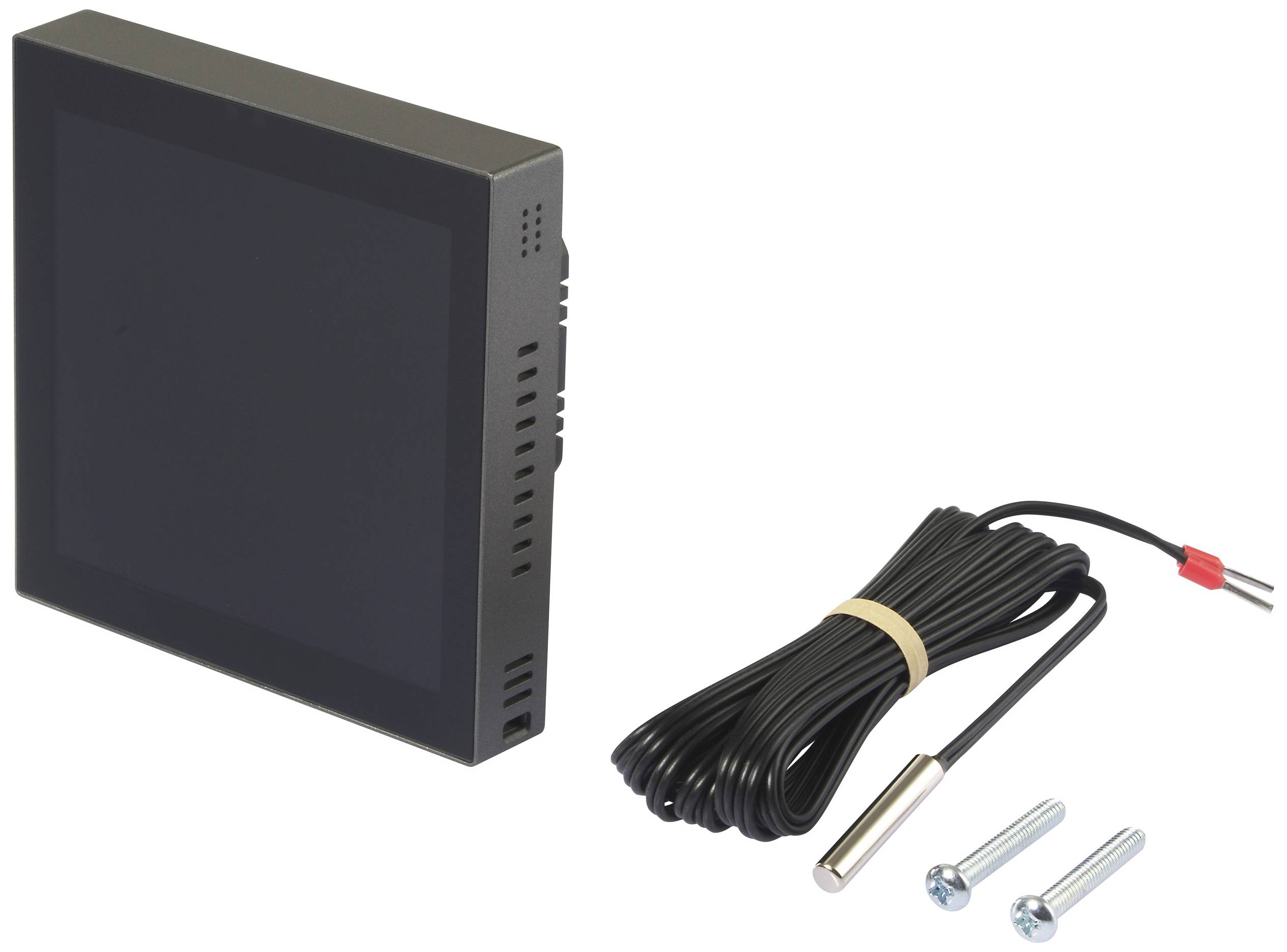 Ein schwarzes Displaygerät mit einem Kabel und zwei Schrauben daneben. Das Kabel hat einen Metallfühler am Ende.