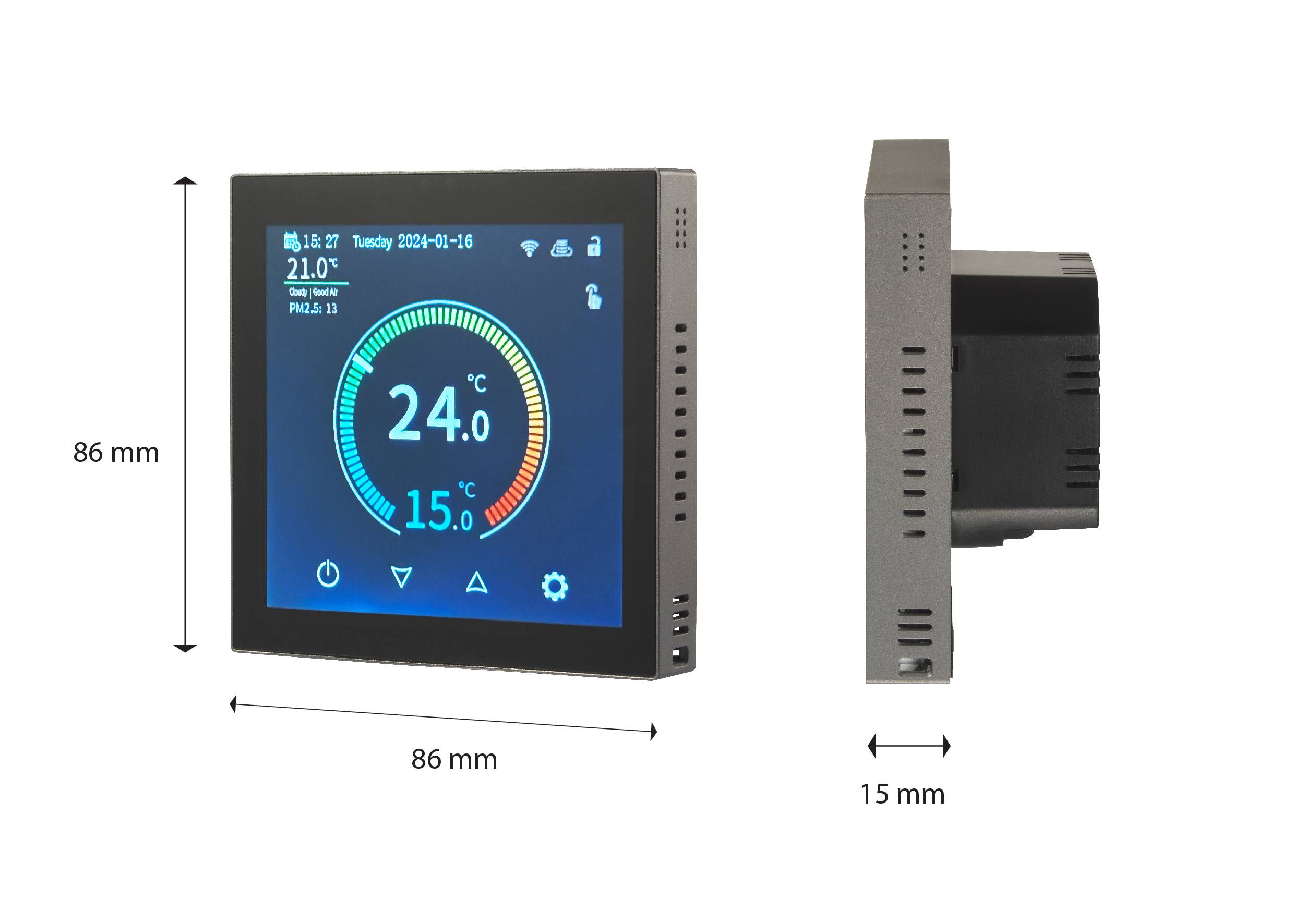 Digitales Thermostat mit Touchscreen zeigt aktuelle Temperatur von 24°C. Maße: 86 mm x 86 mm x 15 mm.
