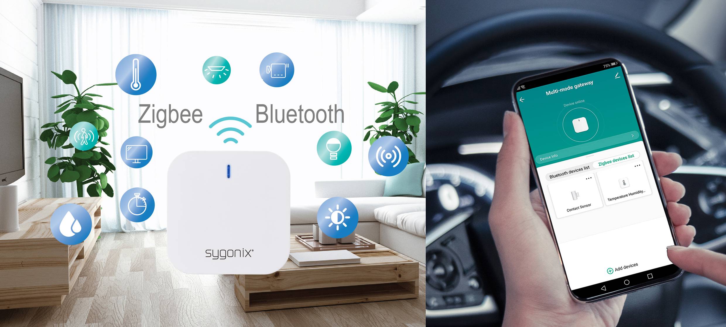 Ein Smart-Home-Hub auf einem Tisch zeigt seine Verbindungsmöglichkeiten: Zigbee und Bluetooth. Rechts wird eine App auf einem Smartphone verwendet.