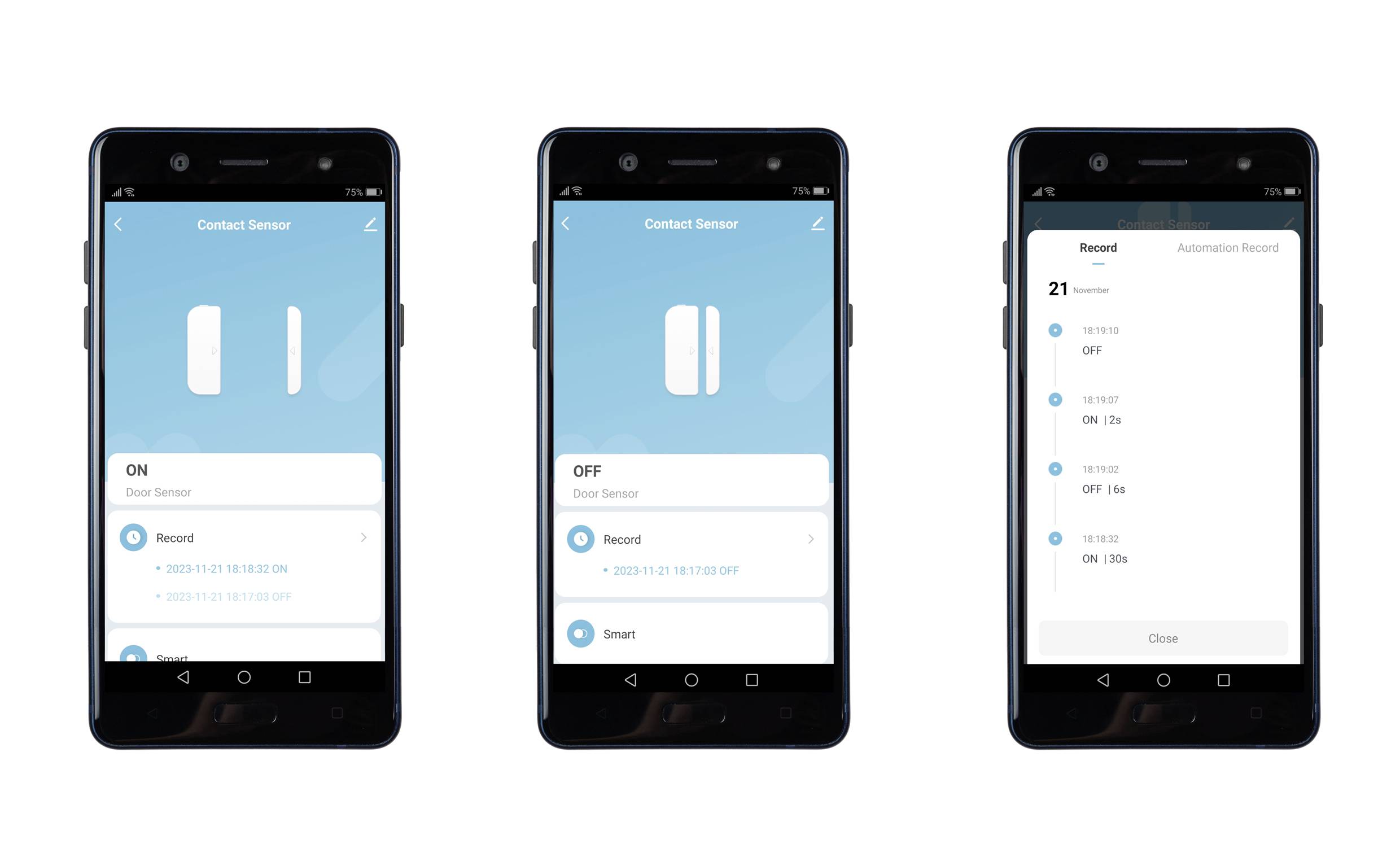 Drei Smartphones zeigen eine App für Türsensoren. Links: 'ON', Mitte: 'OFF', rechts: Zeitstempel-Log mit Öffnen und Schließen.