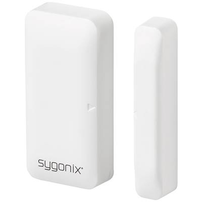 Ein weißer, rechteckiger Tür-/Fensterkontakt-Sensor der Marke Sygonix, bestehend aus zwei Teilen, die eine geöffnete oder geschlossene Position erkennen.