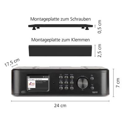 Radio mit Bildschirm und Drehknöpfen, Maße 24 cm x 7 cm x 17,5 cm. Zwei Montagemöglichkeiten: Schrauben (0,5 cm), Klemmen (2,5 cm).