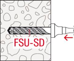 Ein Bohrwerkzeug dringt in eine Struktur ein, beschriftet mit 'FSU-SD', zeigt eine spiralförmige Schneide.