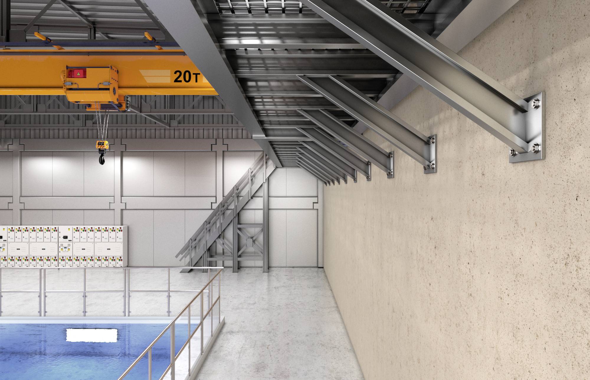 Innenansicht einer Industriehalle mit einem gelben 20-Tonnen-Kran an der Decke. Rechts befindet sich eine massive Wand mit Stahlträgern. Links ist ein Teil eines Beckens sichtbar.