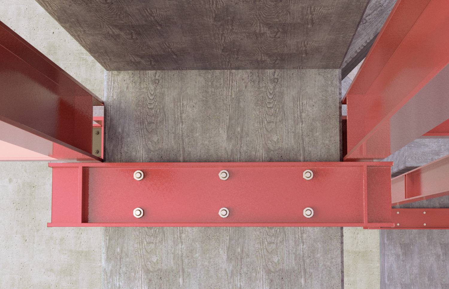 Roter Stahlträger, bolzenförmig befestigt, an Betonwand. Draufsicht zeigt Konstruktionsdetails.