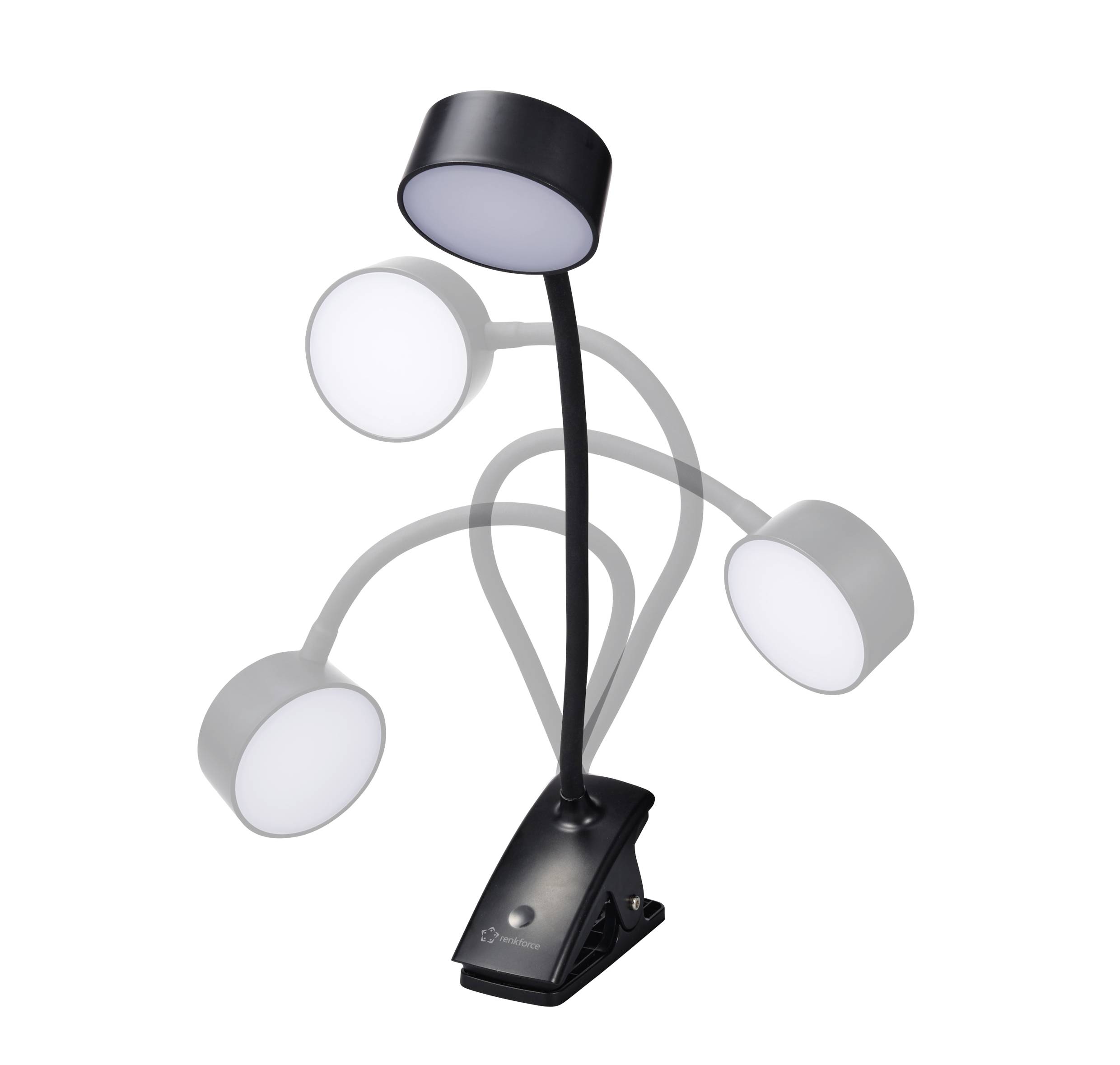 Eine schwarze, flexible Schreibtischlampe mit Clip, zeigt verschiedene mögliche Biegepositionen des Lampenarms.