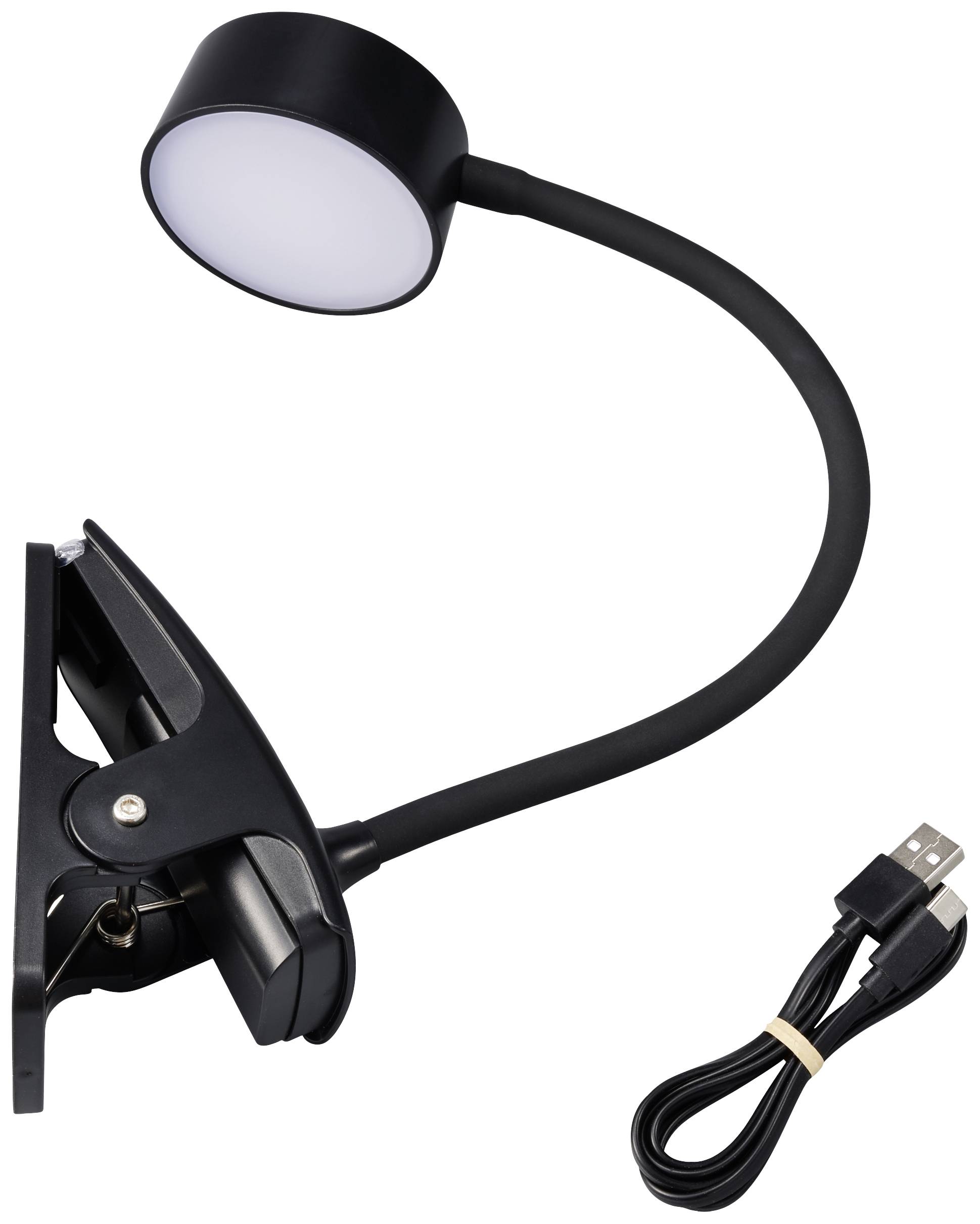 Schwarze Schreibtischlampe mit biegsamem Hals und runder LED-Leuchte, inklusive USB-Kabel. Ideal für zielgerichtete Beleuchtung.