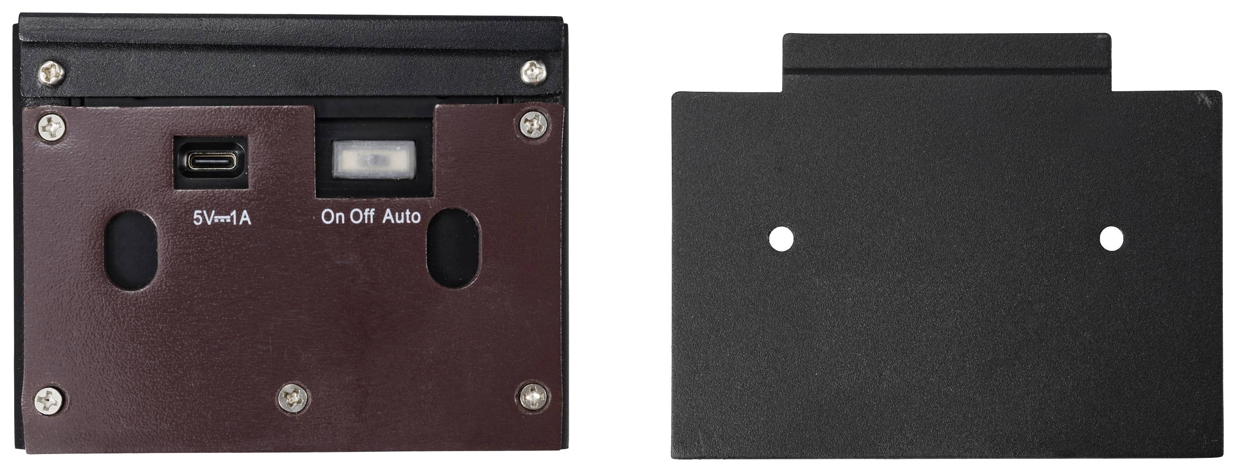 Vorderseite eines elektronischen Gerätegehäuses mit USB-Anschluss, Schalter für 'On Off Auto' und zwei Löchern; rechte Seite mit glatter Rückwand.