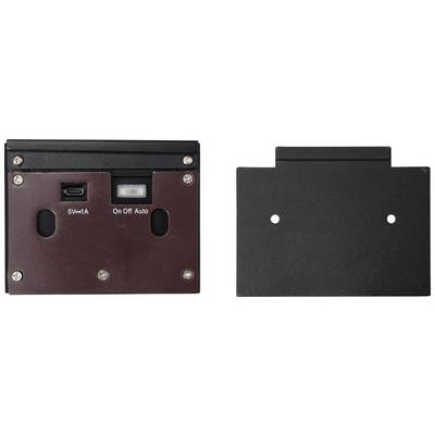 Vorderseite eines elektronischen Gerätegehäuses mit USB-Anschluss, Schalter für 'On Off Auto' und zwei Löchern; rechte Seite mit glatter Rückwand.