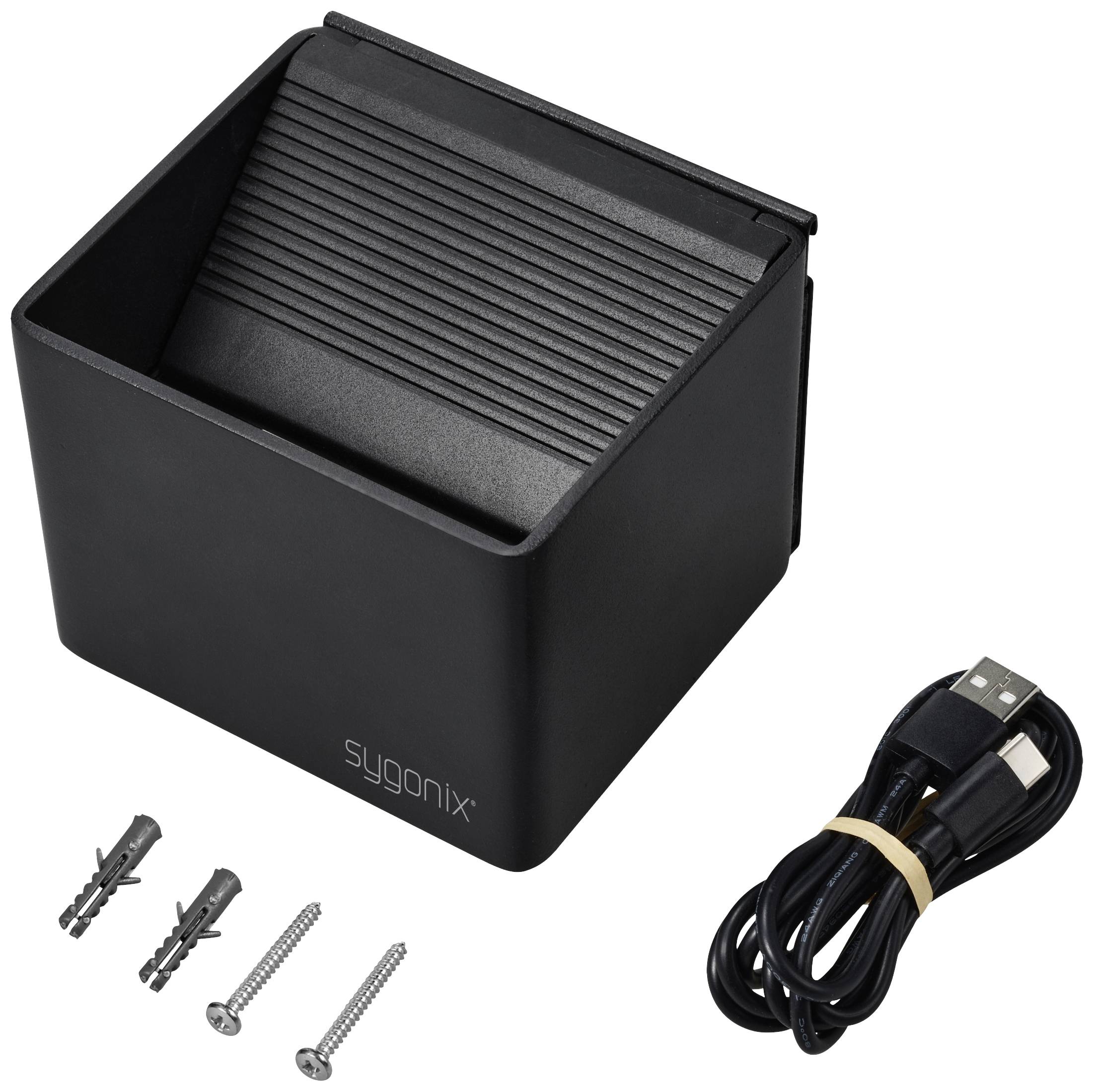 Schwarzes Sygonix-Ladegerät mit USB-Kabel und zwei Schrauben mit Dübeln, ideal für Wandmontage und Ladevorgänge.