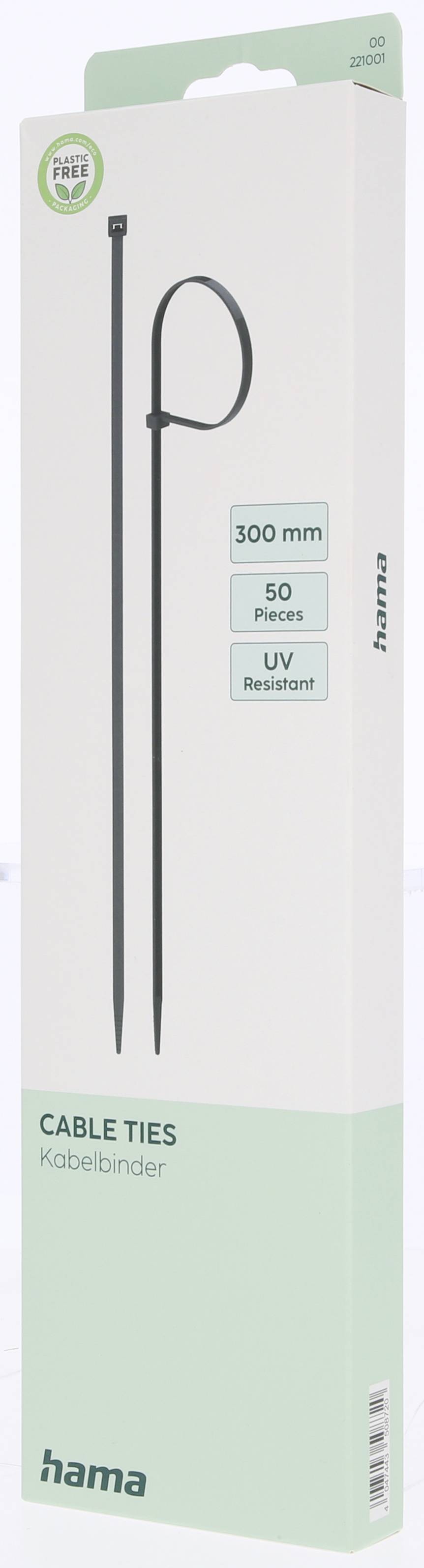 Verpackung von Hama Kabelbindern, 50 Stück, 300 mm lang, UV-beständig.