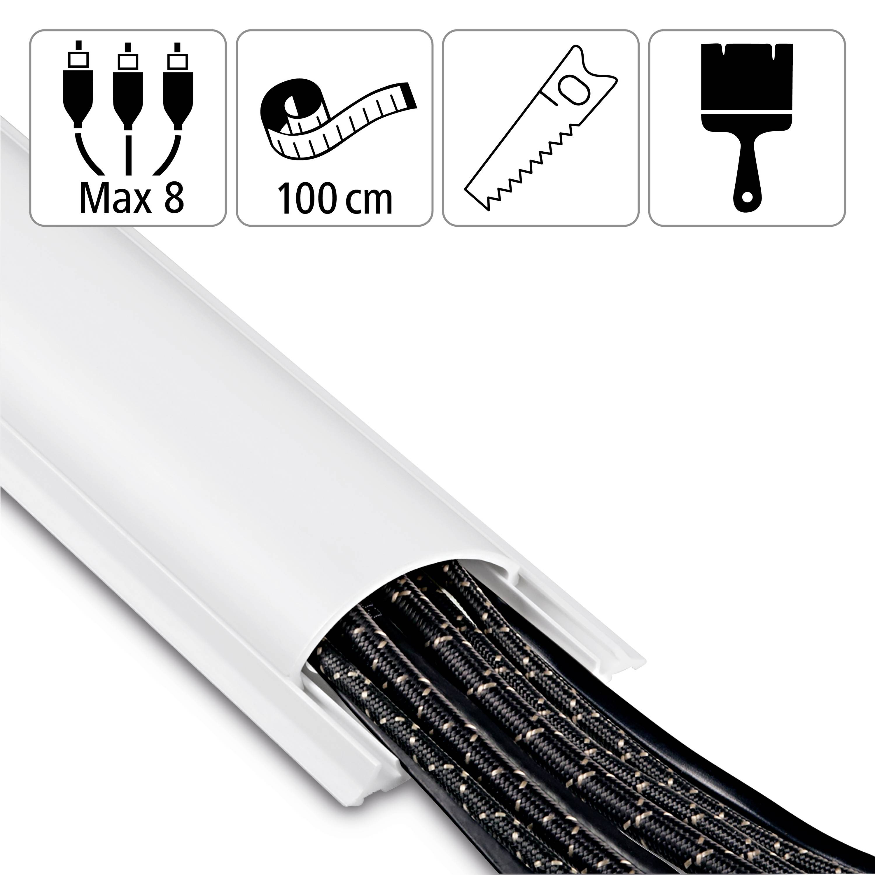 Kabel-Kanalsystem aus Kunststoff, geeignet für bis zu 8 Kabel, 100 cm lang, mit einfachem Schneidesystem und Pinsel für sauberere Kante.