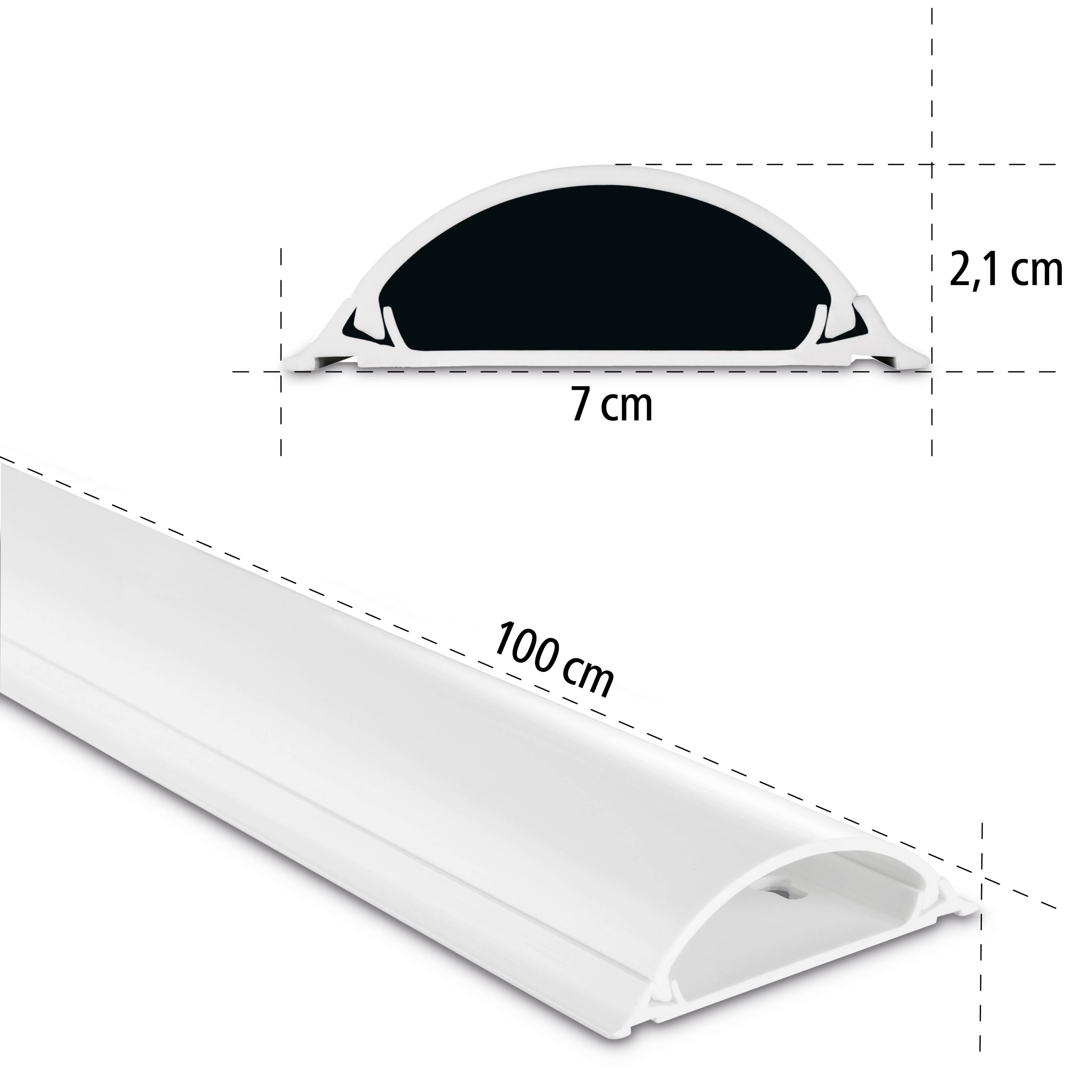 Profil aus Aluminium für LED-Streifen, weiß. Maße: Länge 100 cm, Breite 7 cm, Höhe 2,1 cm. Querschnitt und Profilansicht gezeigt.